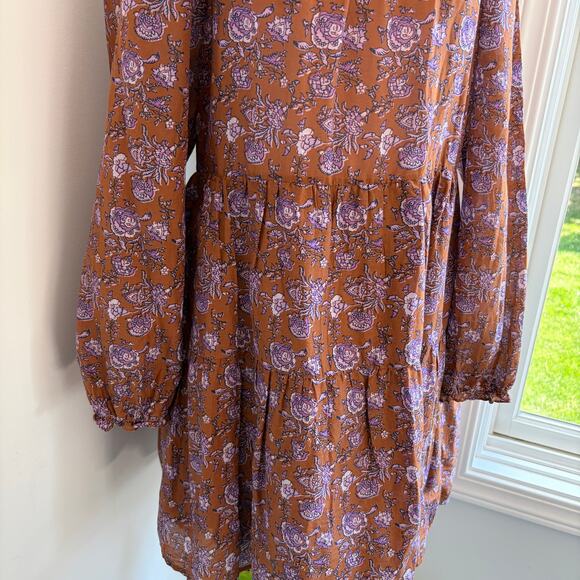 Xirena Lea Cottage Boho Brown Floral Dress Small Oversized Golden Silk Cotton - Picture 5 of 10